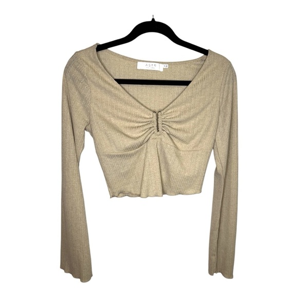 ASTR The Label Tan Long Bell Sleeve Ruched Crop Top - Picture 1 of 7